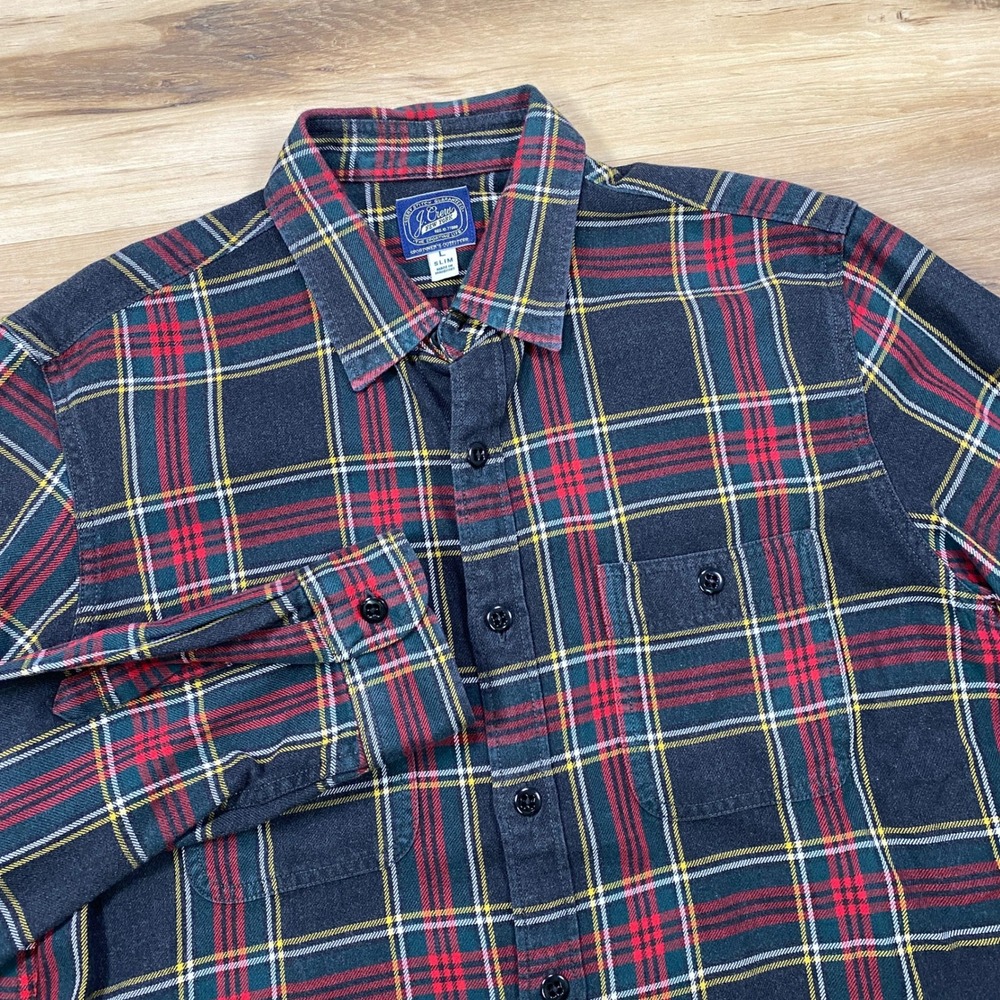 J.Crew Flannel Shirt Mens Large Slim Heritage Plaid Cotton Gray Red Classic Top